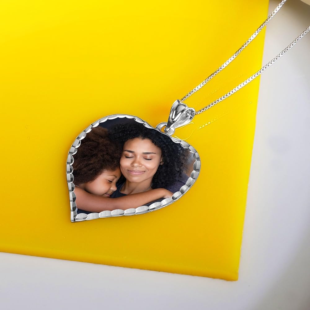 Personalized Photo Engraved Heart Shaped Picture Necklace with Diamond Cut Edge in Silver, Gold, White Gold or Rose Gold - 1 Inch x 1 Inch