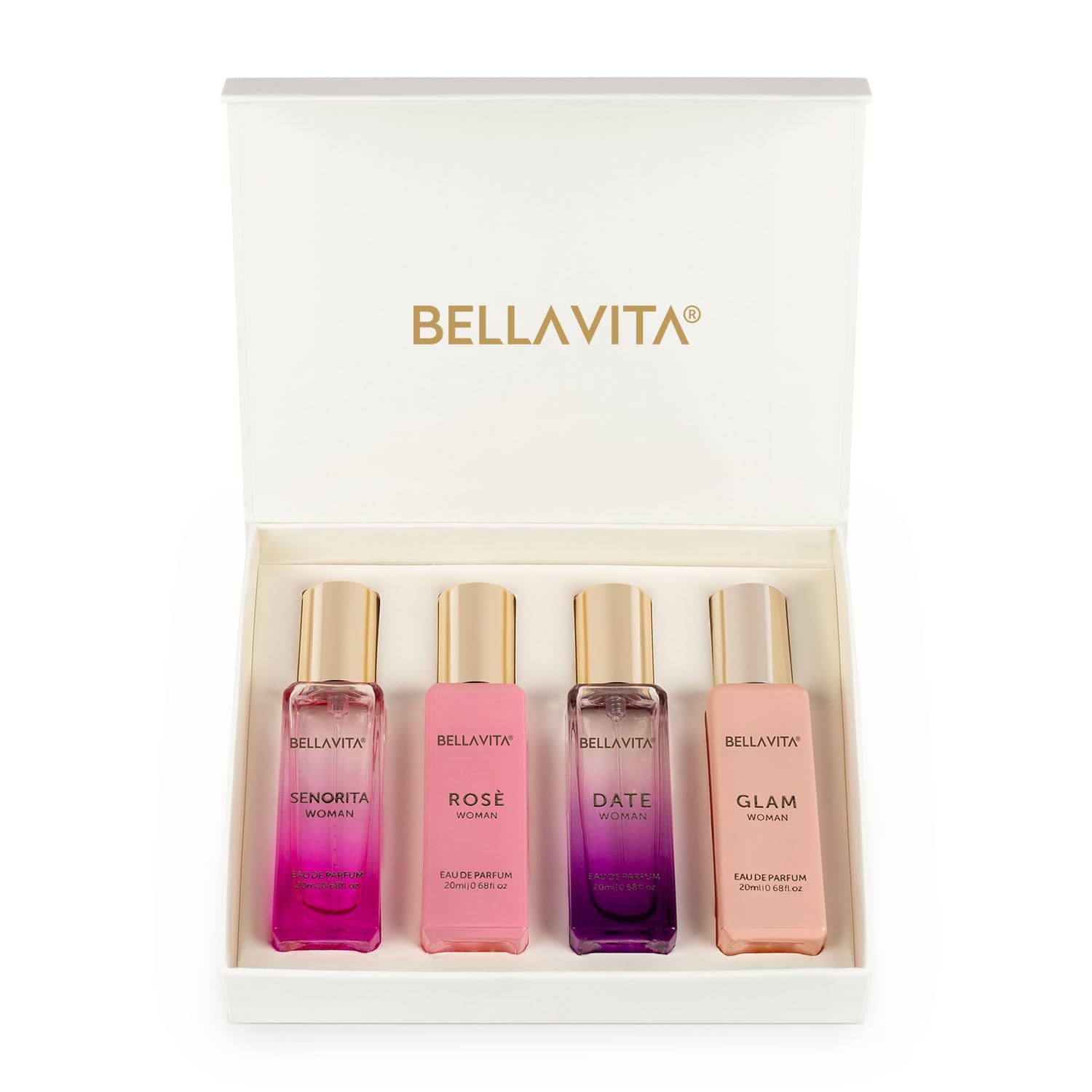 Eau De Parfum Set for Women (4x20 mL) with Date, Senorita, Glam, Rose | Vanilla, Floral, Sweet, Musk | Perfect for trials, gifting, or blending to craft your unique fragrance