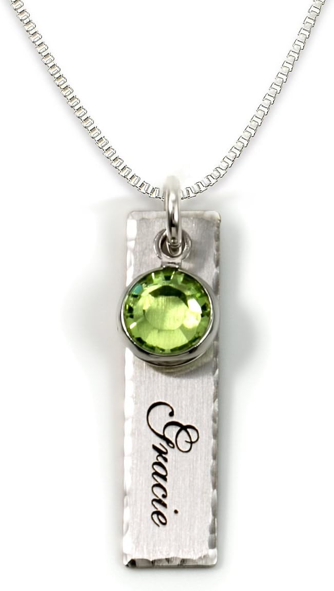 AJ's Collection Single Edge-Hammered Personalized Charm Necklace. Customize Sterling Silver Rectangular Pendant with Name and Birthstone. Includes a 925, Sterling Silver Chain. Makes Gifts for Her