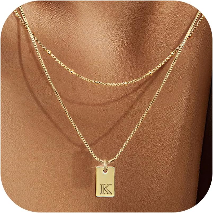 Krfy Initial Necklaces for Women 14K Gold Plated Letter Necklace Dainty Gold Name Necklace Personalized Initial Tag Pendant Necklace for Women Trendy Gold Jewelry