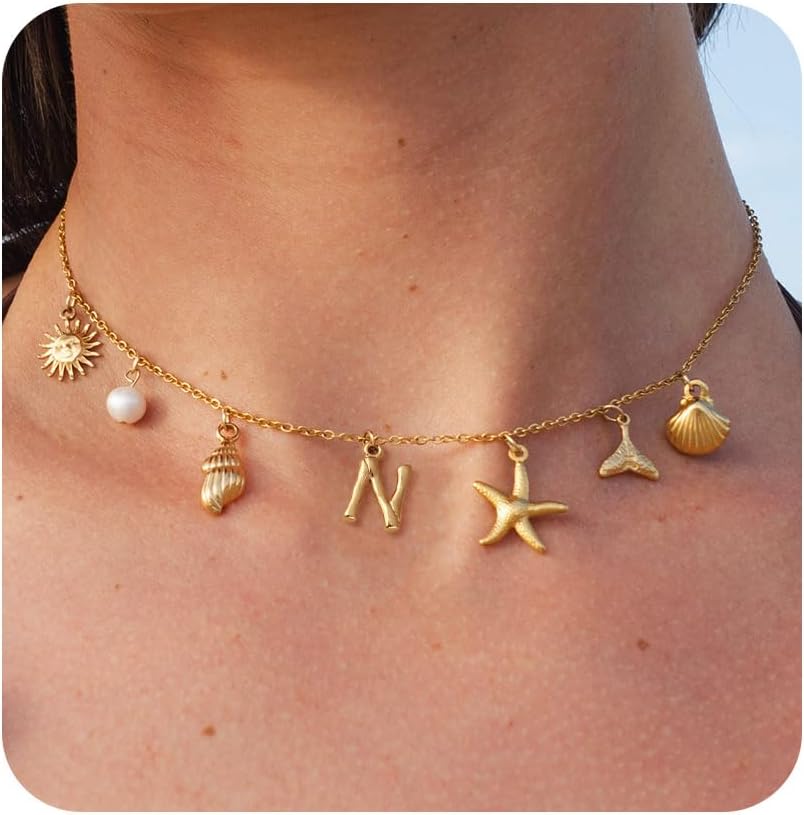 Gold Initial Charm Necklaces for Women Girls, Boho Surfer Beach Letter Necklace 14K Gold Plated A-Z Pendant Alphabet Choker Necklace Personalized Monogram Name Necklace Beach Jewelry for Women Gift