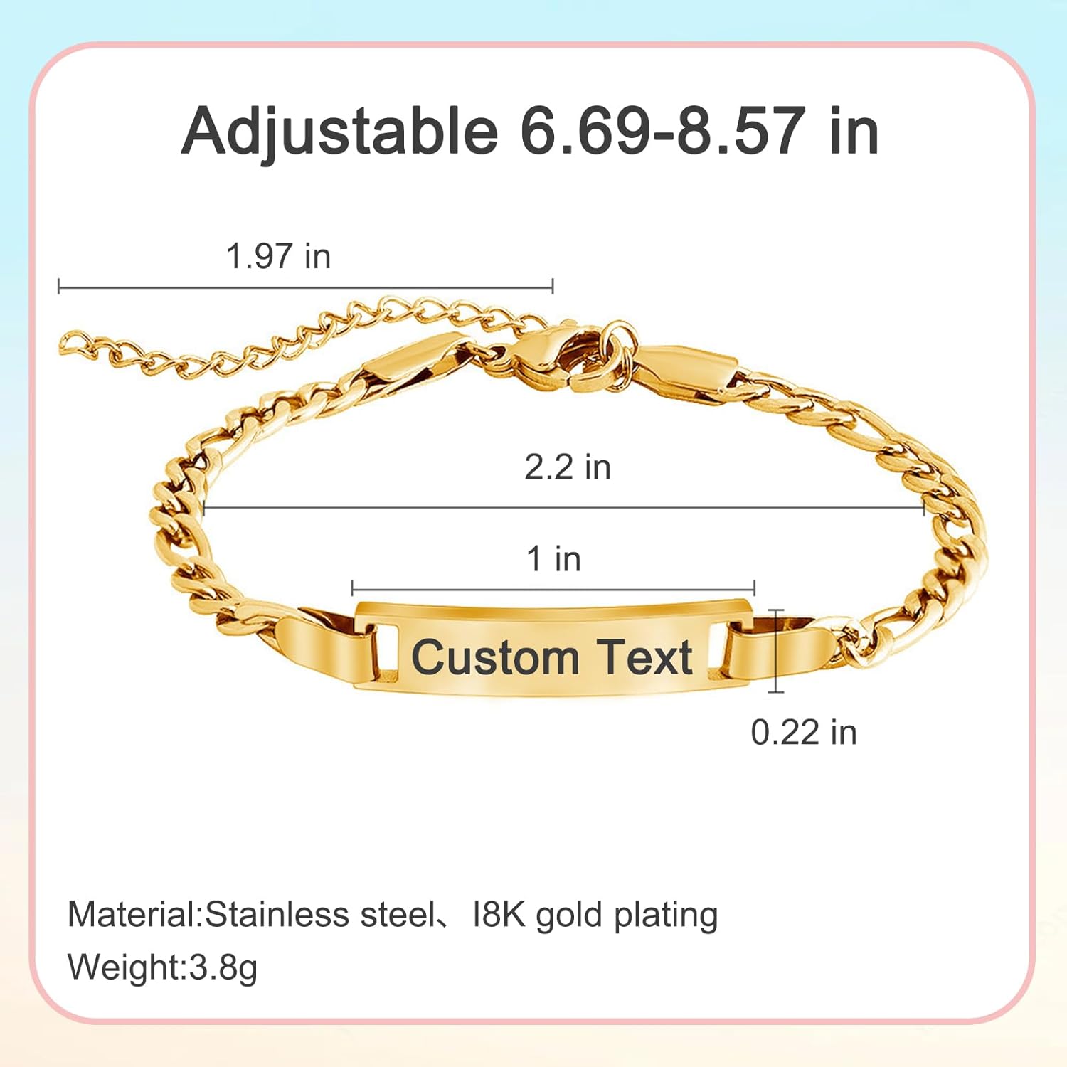 Custom Name Bar ID Bracelets, Personalized 18k Gold Plated Engrave Charm Bracelet with Name Birthstone,Customized Birthday Christmas Mother's Day Gifts for Women Girls Mom-Adjustable Length