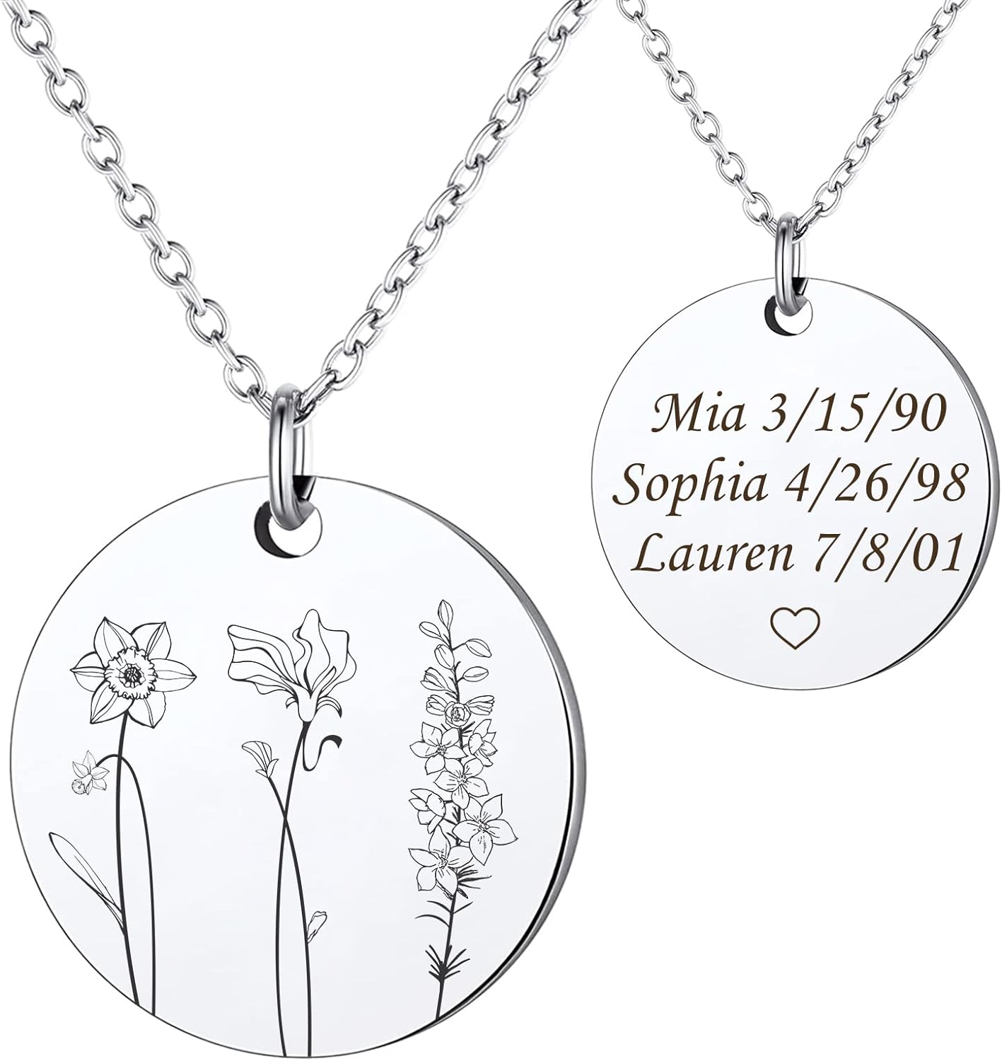 Anavia Multiple Birth Month Flowers Necklace Connection of Family and Friends, Personalized Engraved Floral Coin Necklace, Customized Birthday Jewelry Gift for New Mom Sisters Couple Long Distance Babyshower