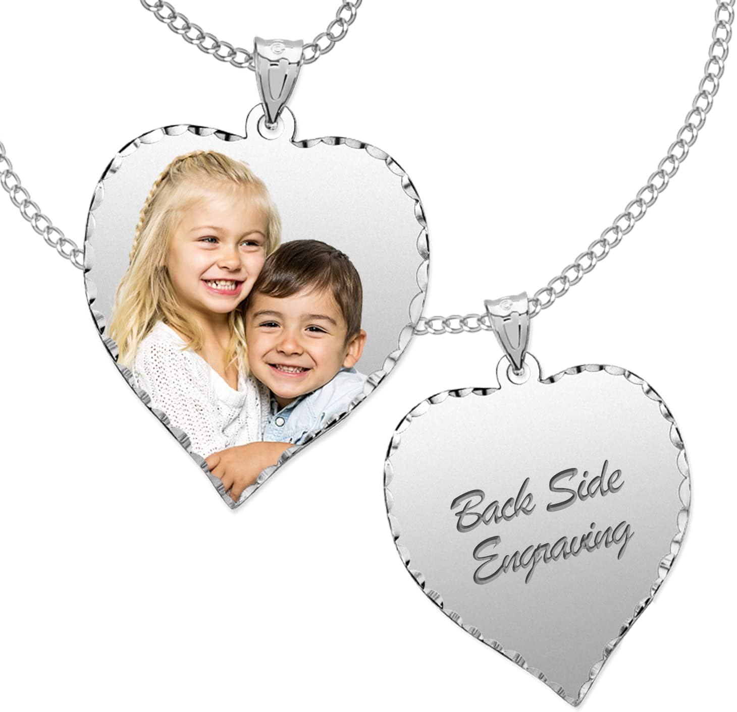 Personalized Photo Engraved Heart Shaped Picture Necklace with Diamond Cut Edge in Silver, Gold, White Gold or Rose Gold - 1 Inch x 1 Inch