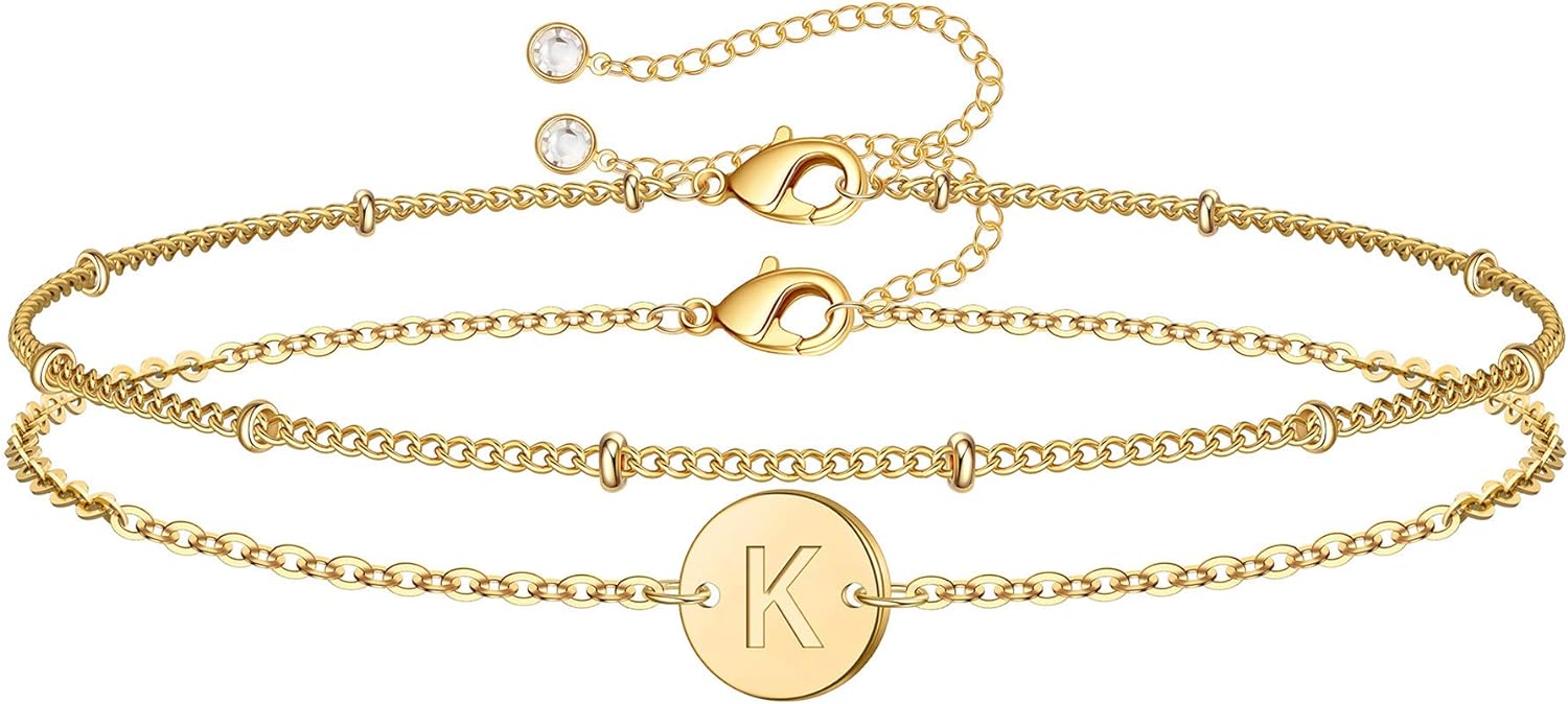 MONOZO Gold Initial Bracelets for Women, Dainty 14K Gold Filled Layered Beaded Letter Initial Bracelet Personalized 26 Alphabet Disc Monogram Charm Bracelet Jewelry Gifts for Girls