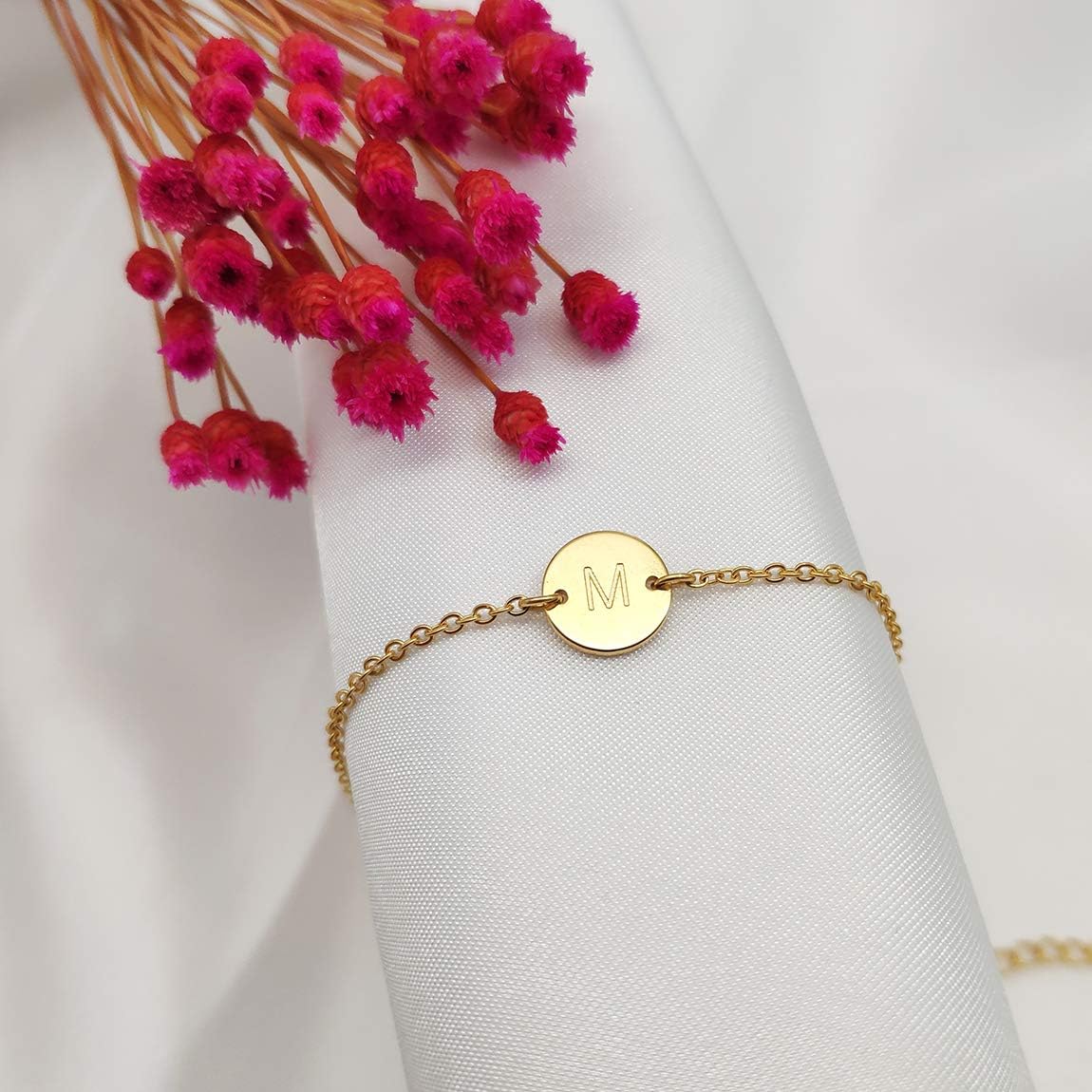 Personalized Initial Bracelet, 18K Gold Plated Stainless Steel Letter Bracelet Dainty Coin Charm Bracelet Delicate Disc Name Bracelet for Women Girls