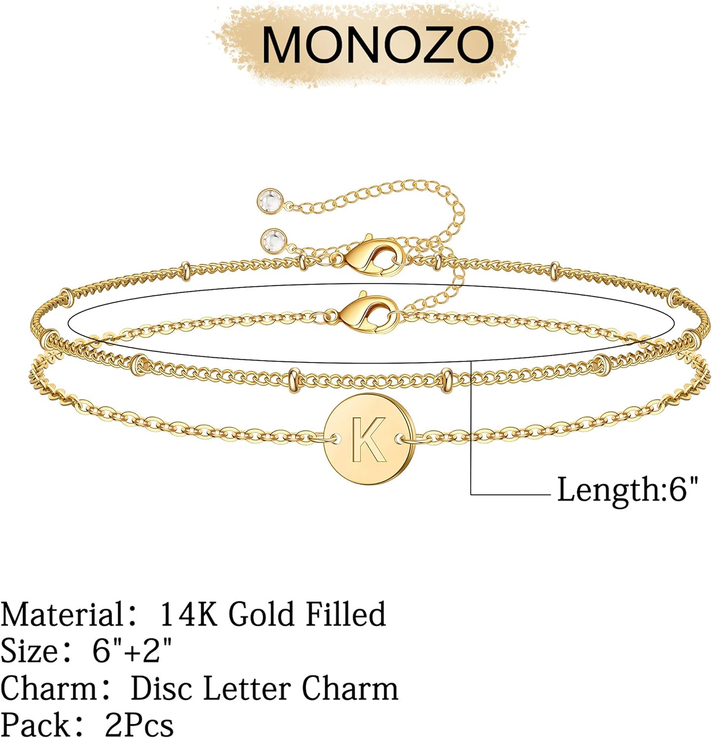 MONOZO Gold Initial Bracelets for Women, Dainty 14K Gold Filled Layered Beaded Letter Initial Bracelet Personalized 26 Alphabet Disc Monogram Charm Bracelet Jewelry Gifts for Girls