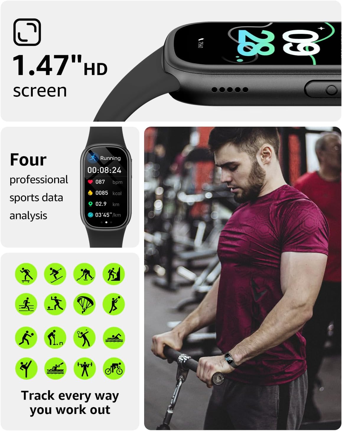 Smart Watch for Men Women Kids Answer/Make Calls,Fitness Tracker Watch with 1.47 Screen,24/7 Heart Rate Sleep Monitor,130+Sport Modes Smartwatches,IP68 Waterproof Activity Tracker for Android iOS