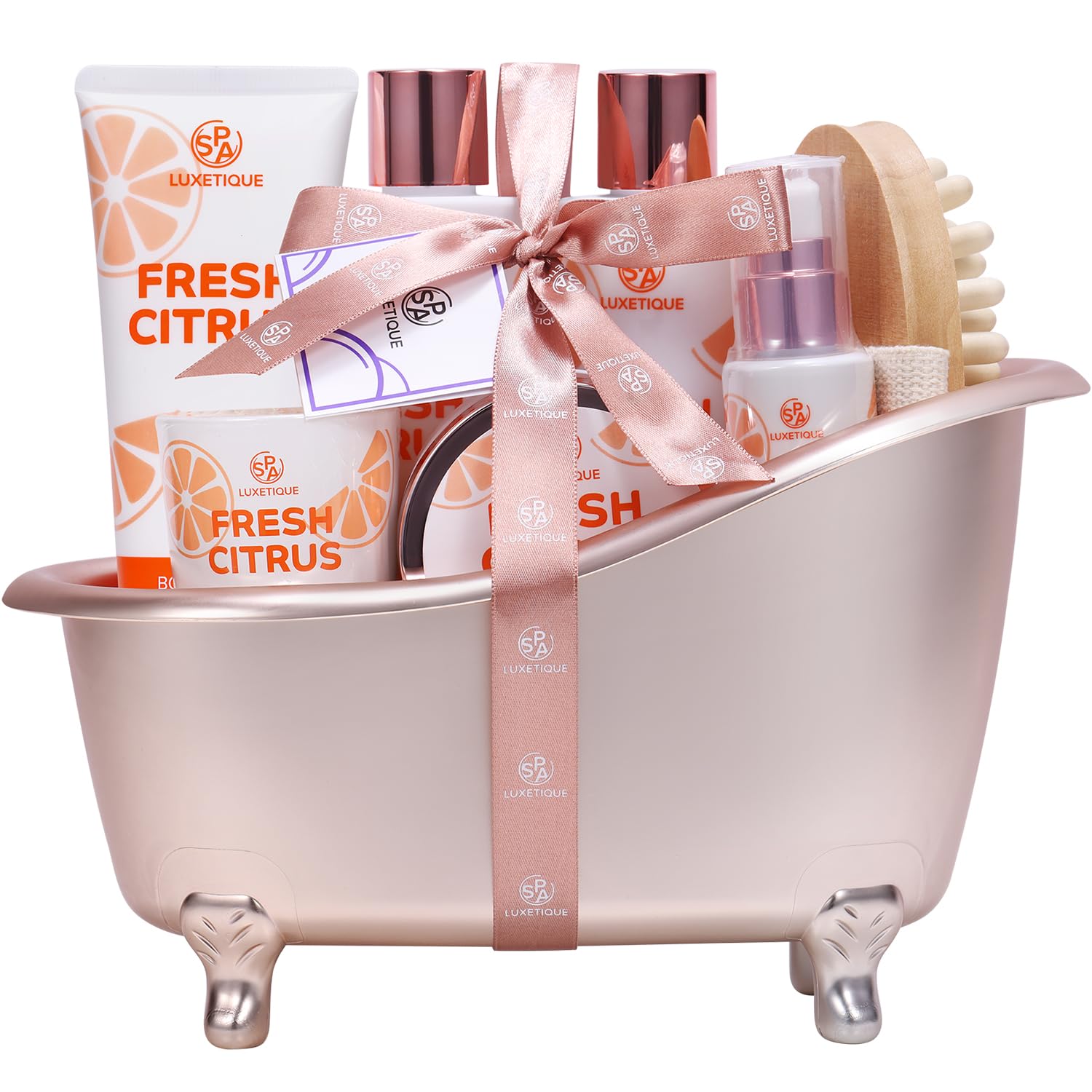 Spa Baskets for Women Gifts, SPA LUXETIQUE WORLD 8 Pcs Fresh Citrus Bath Gifts Set, Spa Gifts for Women, Luxury Self Care Kit with Shower Gel, Body Oil ,Scented Candle, Birthday Gifts for Her