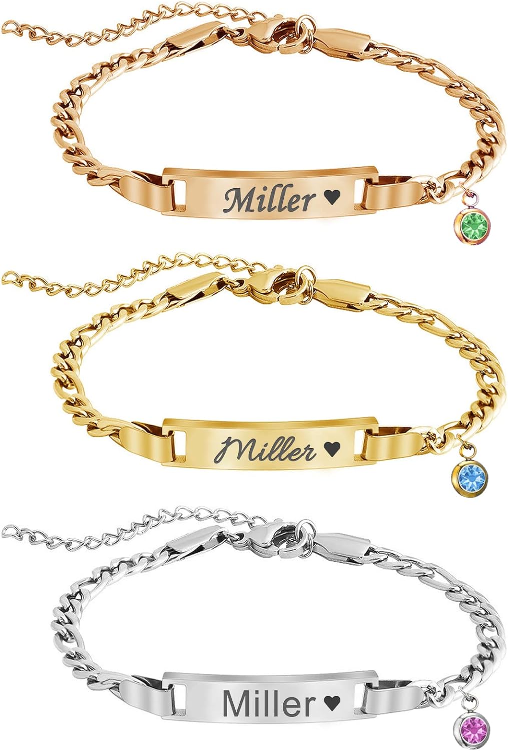 Custom Name Bar ID Bracelets, Personalized 18k Gold Plated Engrave Charm Bracelet with Name Birthstone,Customized Birthday Christmas Mother's Day Gifts for Women Girls Mom-Adjustable Length