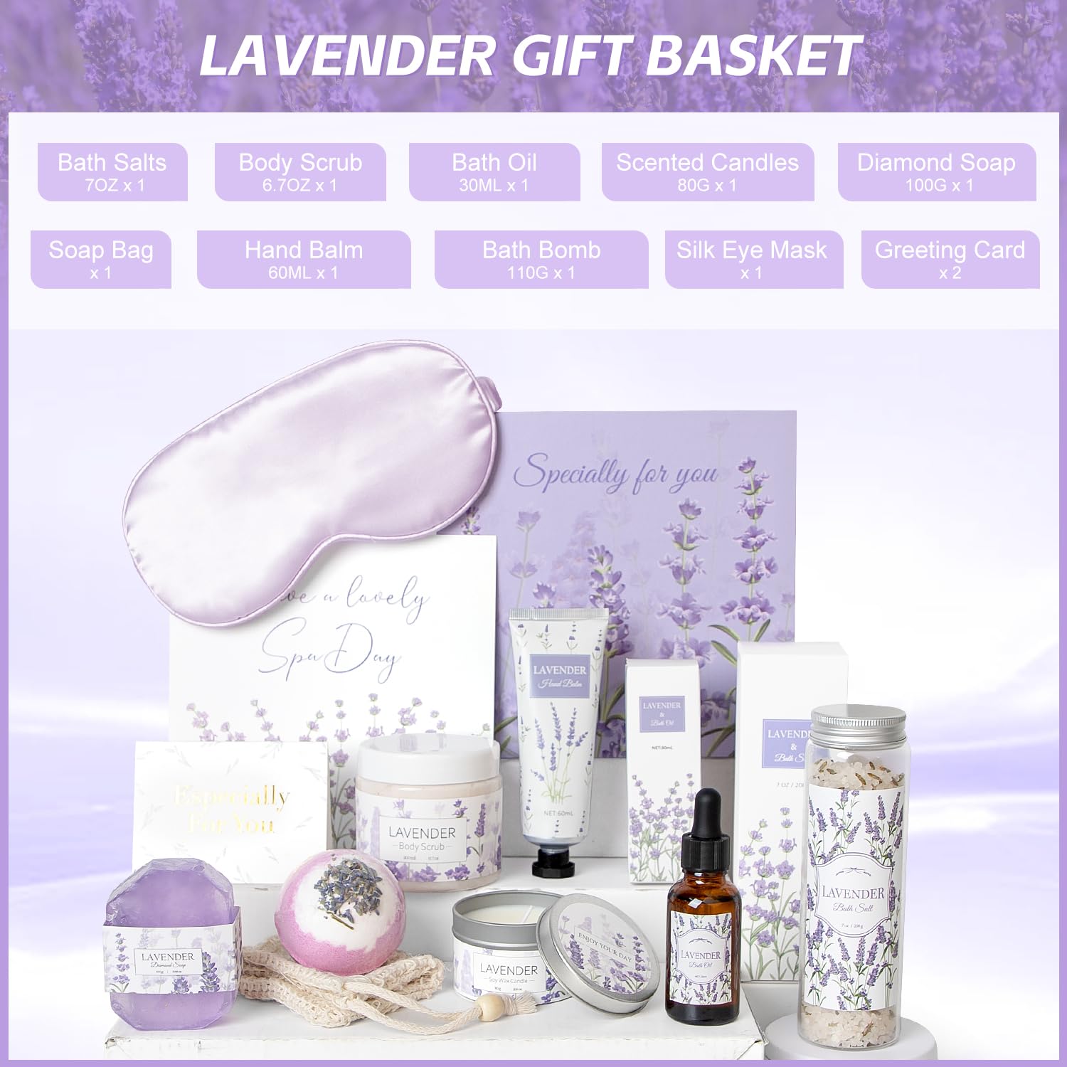 Lavender Spa Gifts Set, 11 Pcs Bath Gift Set for Women, Relaxing Spa Gifts, Bath Spa Gift Basket for Women, Self Care Gifts, Care Package, Home Spa Products, Birthday Gifts for Women, Lavender Gifts