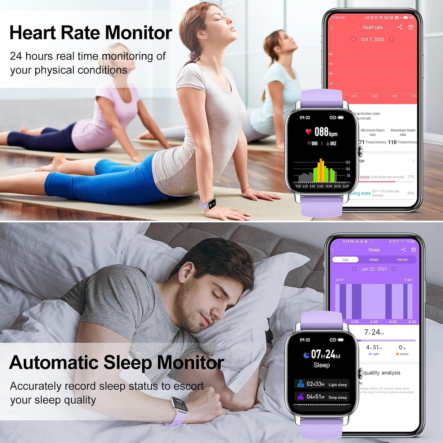 Smart Watch (Answer/Make Calls), 1.85" Smart Watches for Men Women 110+ Sport Modes Fitness Watch with Sleep Heart Rate Monitor, Pedometer, IP68 Waterproof for iOS Android Smartwatch, Silver Purple