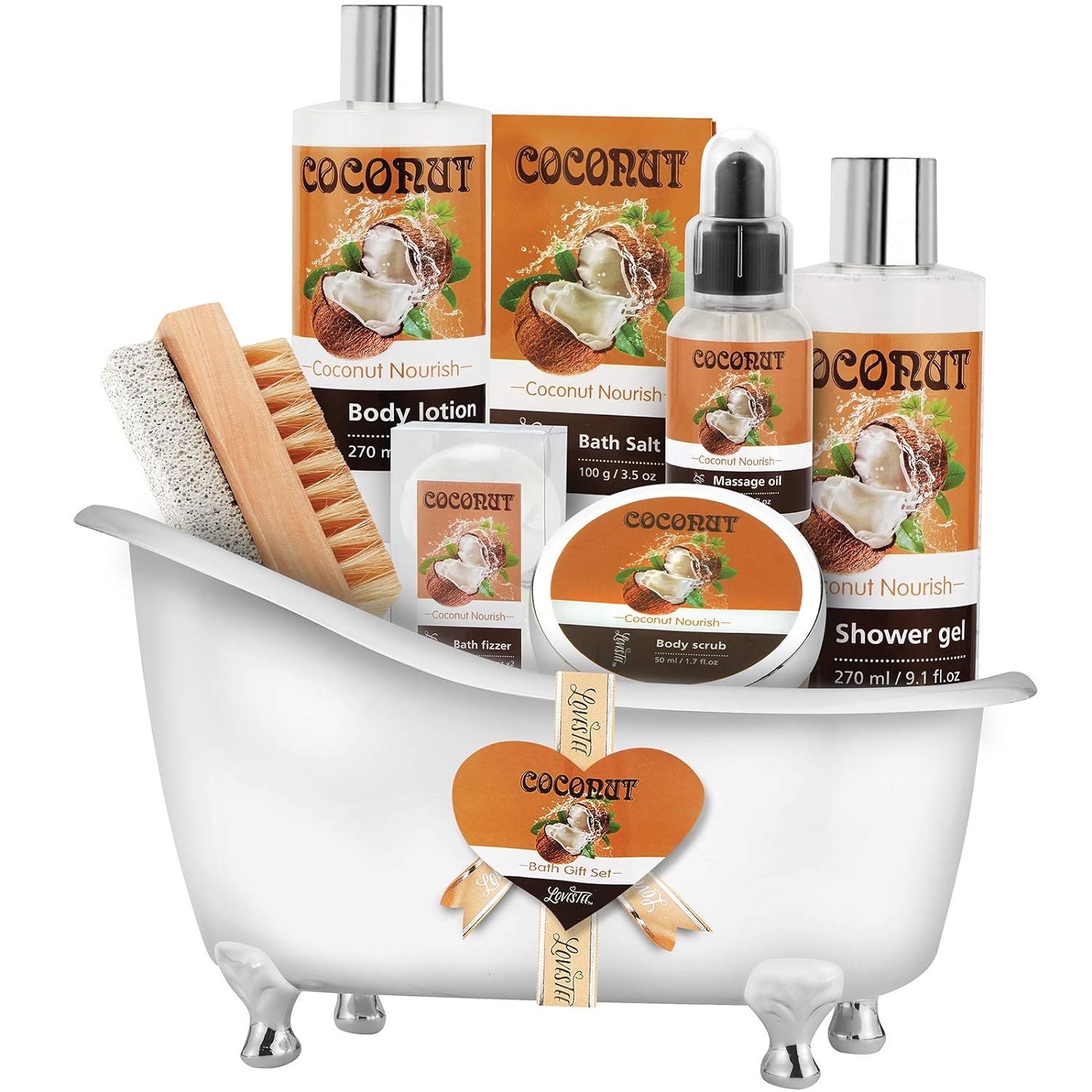 Relaxing Spa Gift Baskets For Women- Bath and Body Gift Set for mom Coconut Spa Kit includes Bath Bombs, Message Oil, Body Scrub, Bath Salt, Body Lotion, Shower Gel and Scrub Brush