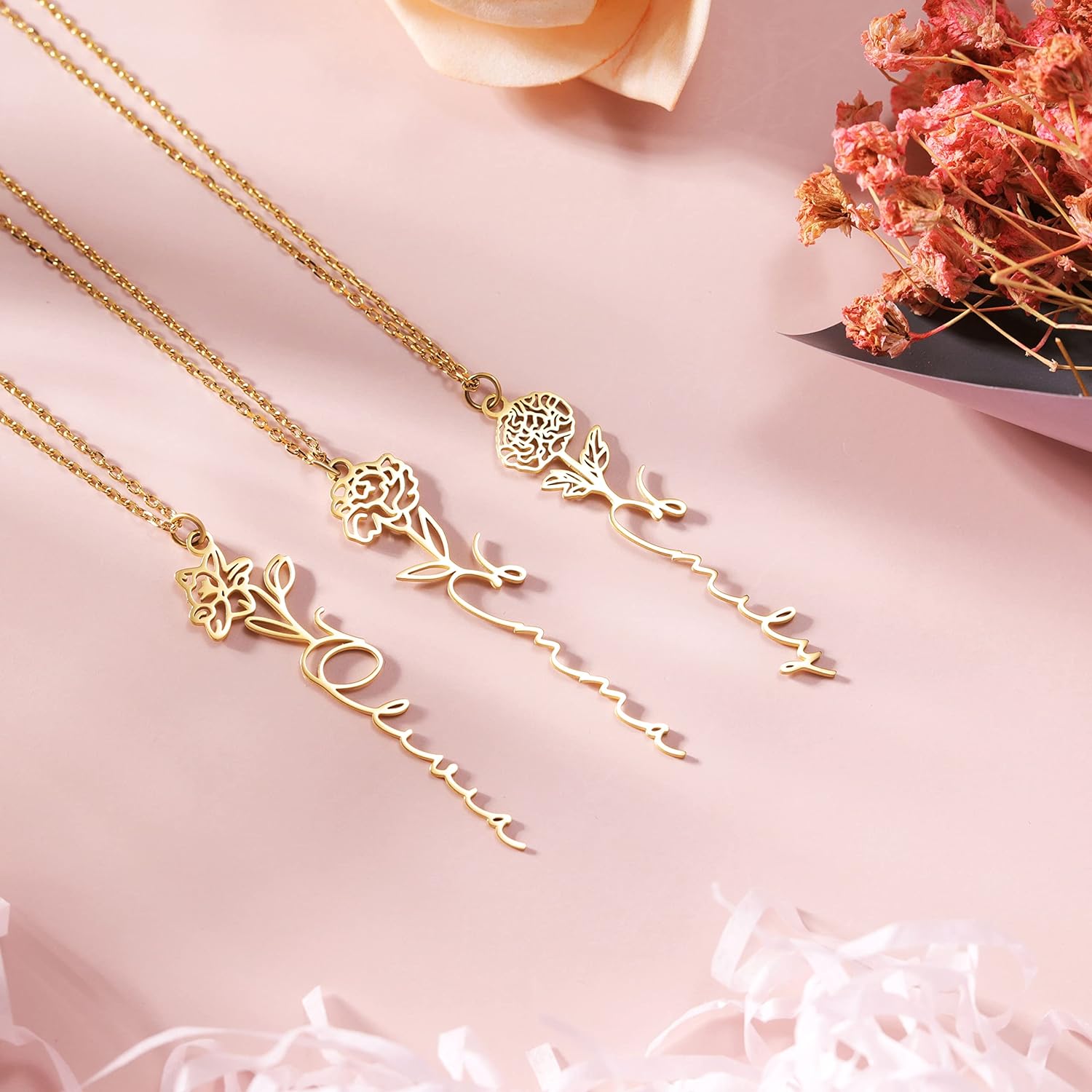 Dreamdecor Custom Birth Flower Name Necklace 18K Gold Plated Floral Name Necklace Personalized Bridesmaid Proposal Gifts for Women