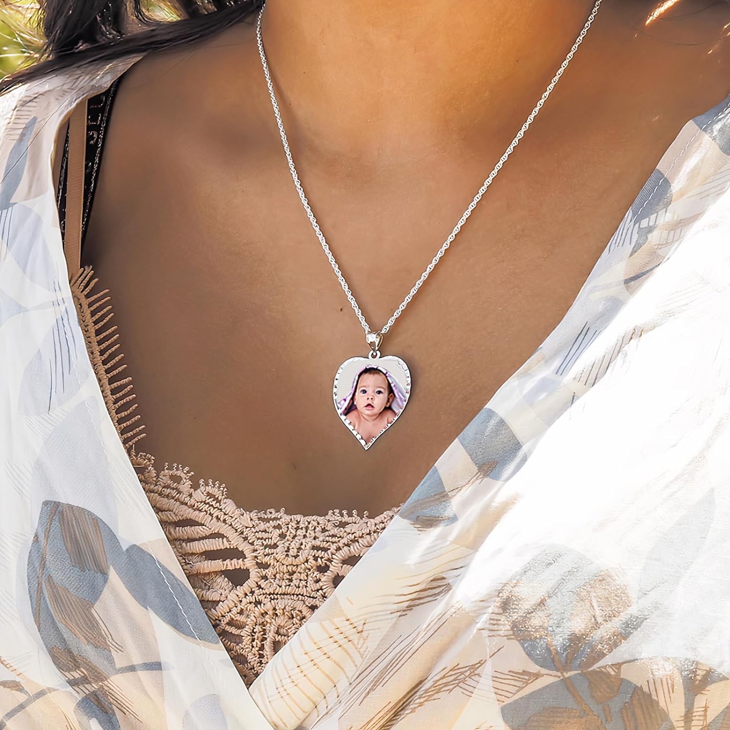 Personalized Photo Engraved Heart Shaped Picture Necklace with Diamond Cut Edge in Silver, Gold, White Gold or Rose Gold - 1 Inch x 1 Inch