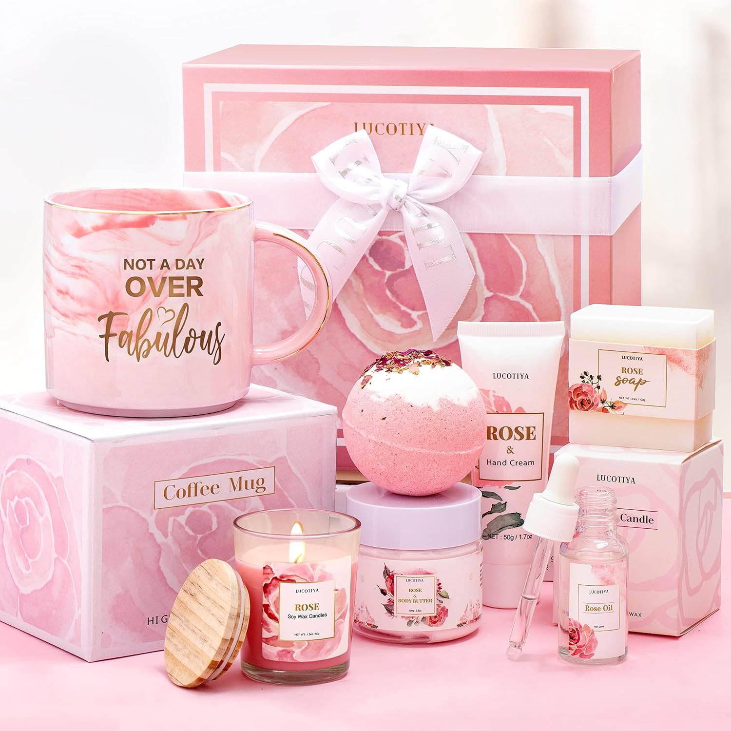 LUCOTIYA Birthday Gifts for Women Best Spa Gifts Baskets Box for Her Wife Mom Best Friend Mother Grandma Bday Bath and Body Kit Sets Self Care Present Beauty Products Package Rose Scent