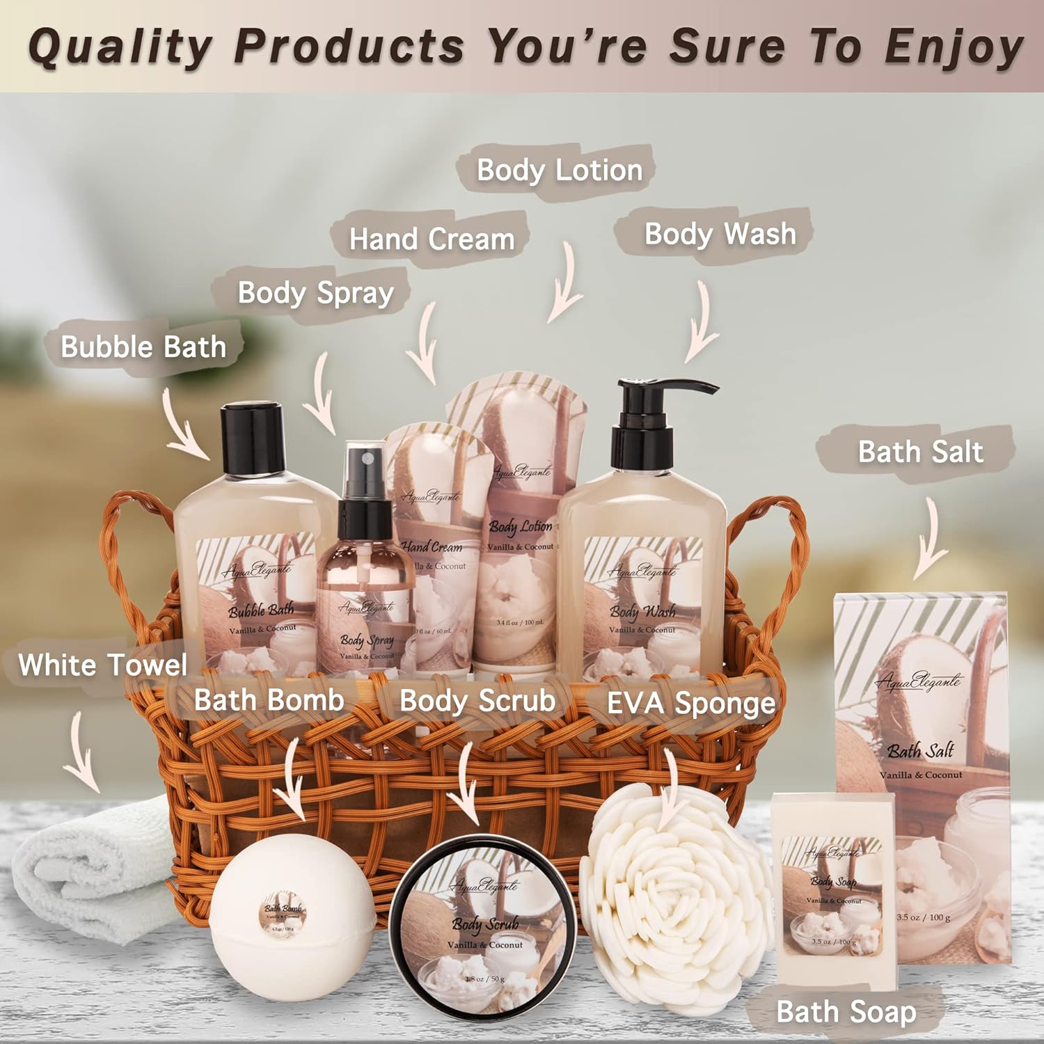 Spa Baskets For Women - Luxury Bath Set With Coconut & Vanilla - Spa Kit Includes Wash, Bubble Bath, Lotion, Bath Salts, Body Scrub, Body Spray, Shower Puff, Bathbombs, Soap and Towel