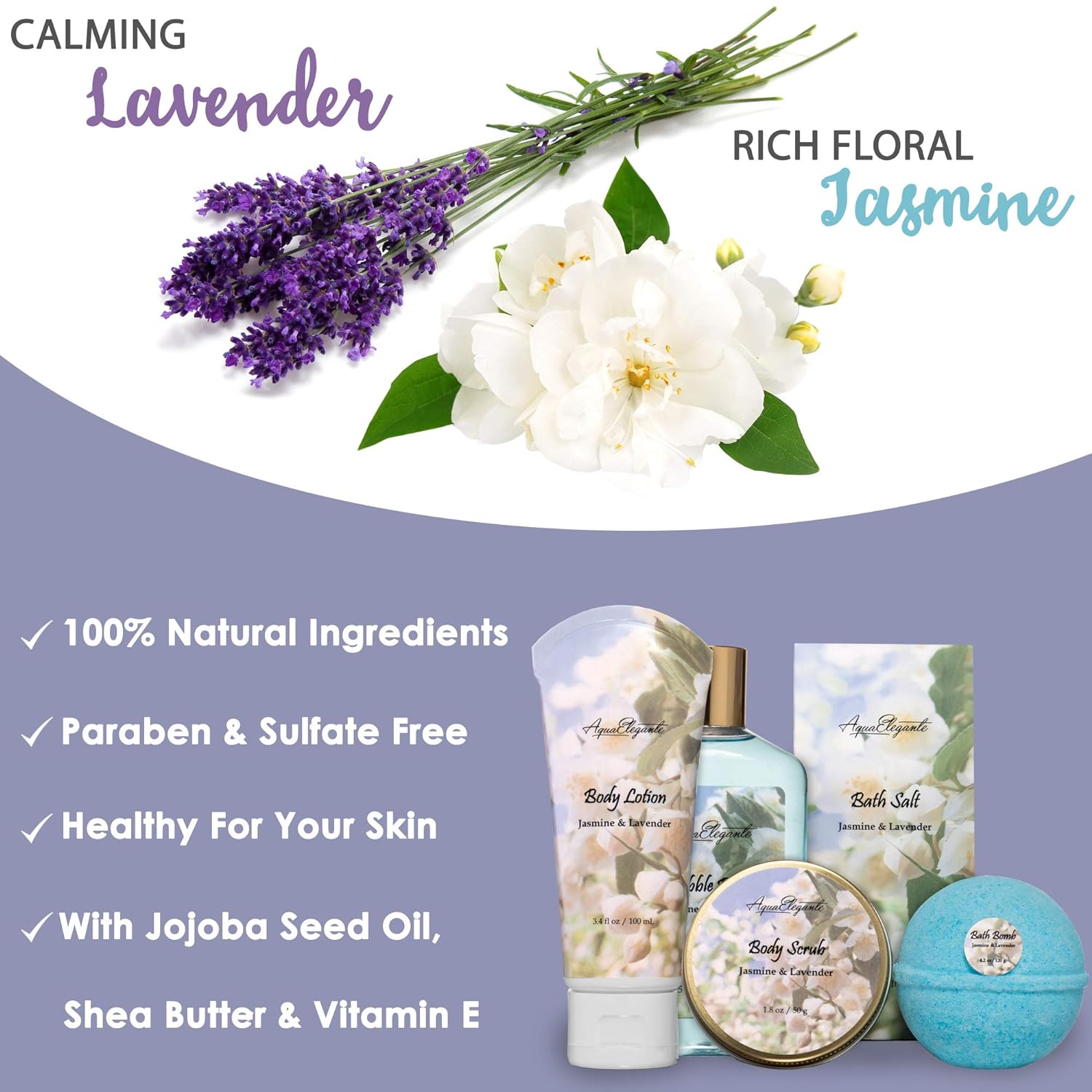 Spa Baskets For Women - Luxury Bath Set With Jasmine & Lavender - Spa Kit Includes Wash, Bubble Bath, Lotion, Bath Salts, Body Scrub, Body Spray, Shower Puff, Bathbombs, Soap and Towel