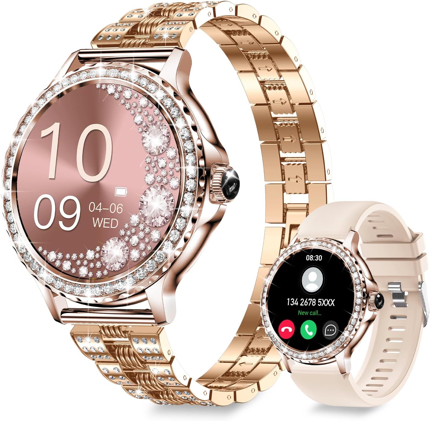 Smart Watches for Women (Answer/Make Call) with Diamonds, 1.3”HD Screen Bluetooth Smartwatch for Android iOS Phones, IP68 Waterproof Fitness Activity Trackers with Heart Rate/SpO2/BP/Sleep Monitor