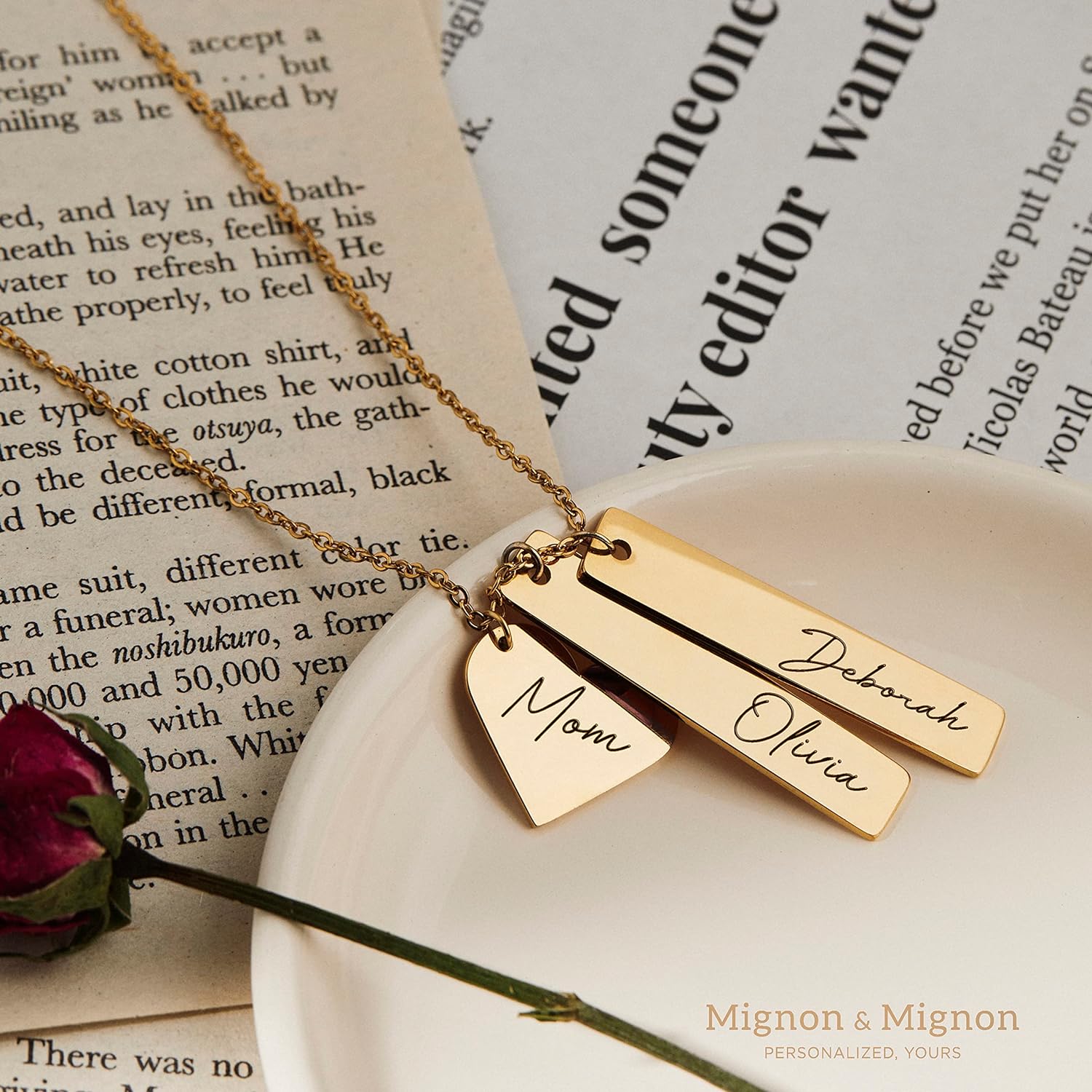 MignonandMignon Custom Name Necklace Kids Personalized Mother's Day Gift Gold Bar Engraved Jewelry Birthday Heart Charm Best Unique for Women -H8N