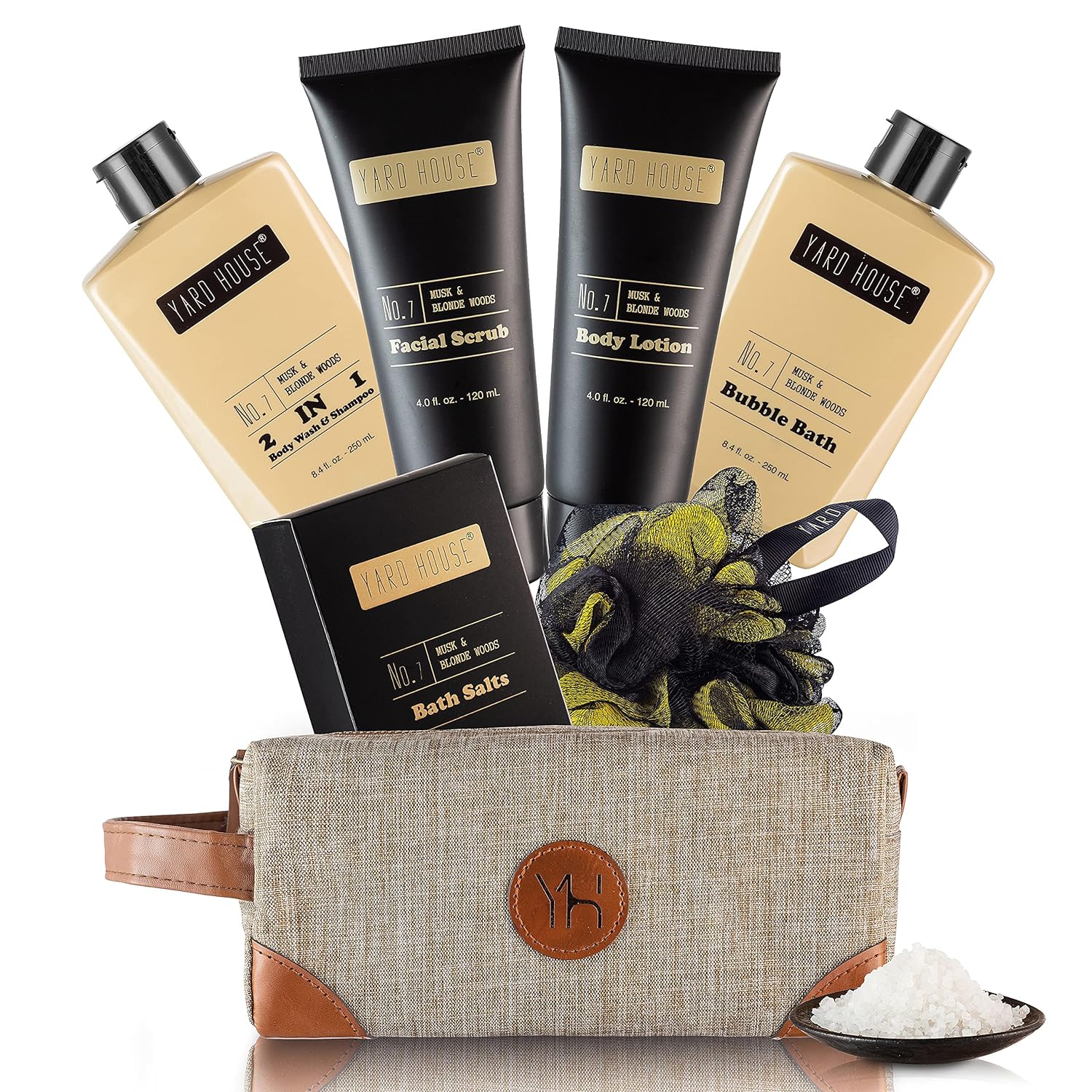 Mens Bath and Body Gift Set - Musk and Blonde Woods - Luxury Fathers Day Gifts From Daughter, Wife, Son For Dad, Husband - Relaxing Spa Kit for Him in Toiletry Bag w. Full Size Items