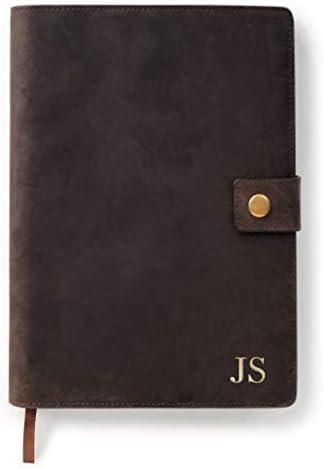 CASE ELEGANCE Full Grain Premium Leather Refillable Journal Cover with A5 Lined Notebook, Pen Loop, Card Slots, Brass Snap (Monogrammed Brown)