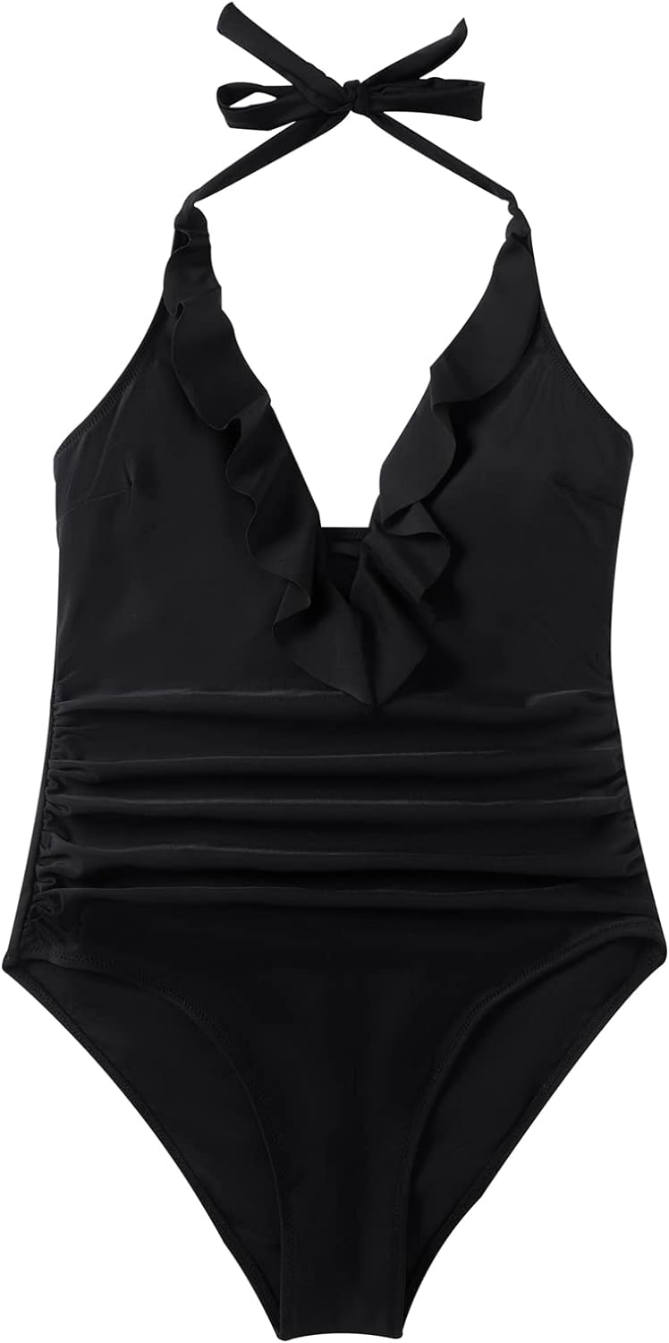 SUUKSESS Women Sexy Halter One Piece Swimsuits Ruffle Tummy Control Bathing Suit