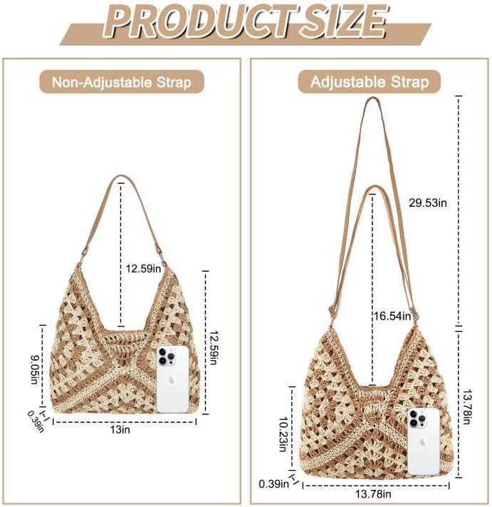 Straw Hobo Beach Bag for Women Girls, Woven Tote Bag Summer Crochet Shoulder Bag,Vintage Foldable Handbag for Travel