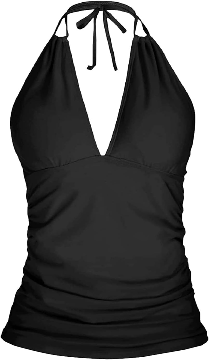 Yonique Women's Halter Tankini Top No Bottom V Neck Swim Top Tummy Control Bathing Suit Top