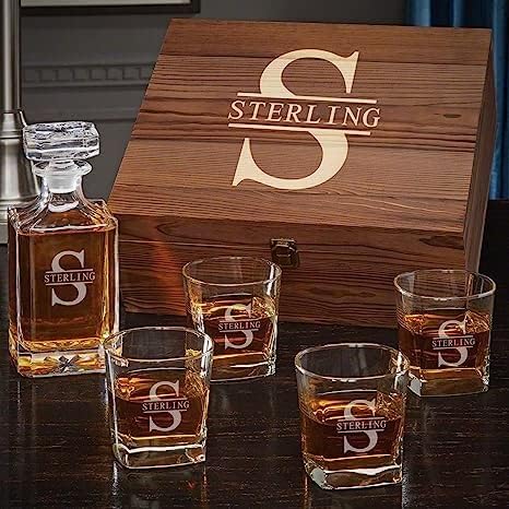 Personalized Whiskey Decanter Set with Wood Gift Box - Custom Bourbon and Scotch Gift Boxed Set