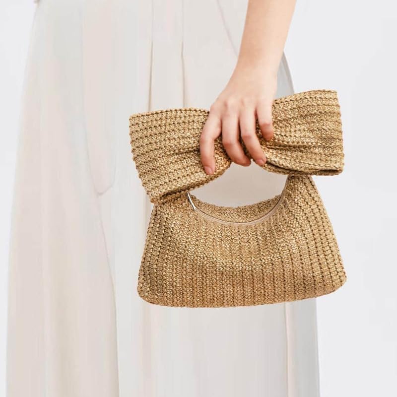 Women Bow Straw Bag Hand-woven Straw Purse Summer Beach Handbags Tote Travel Beach Bag 2024 New Party Evening Bag (Brown)