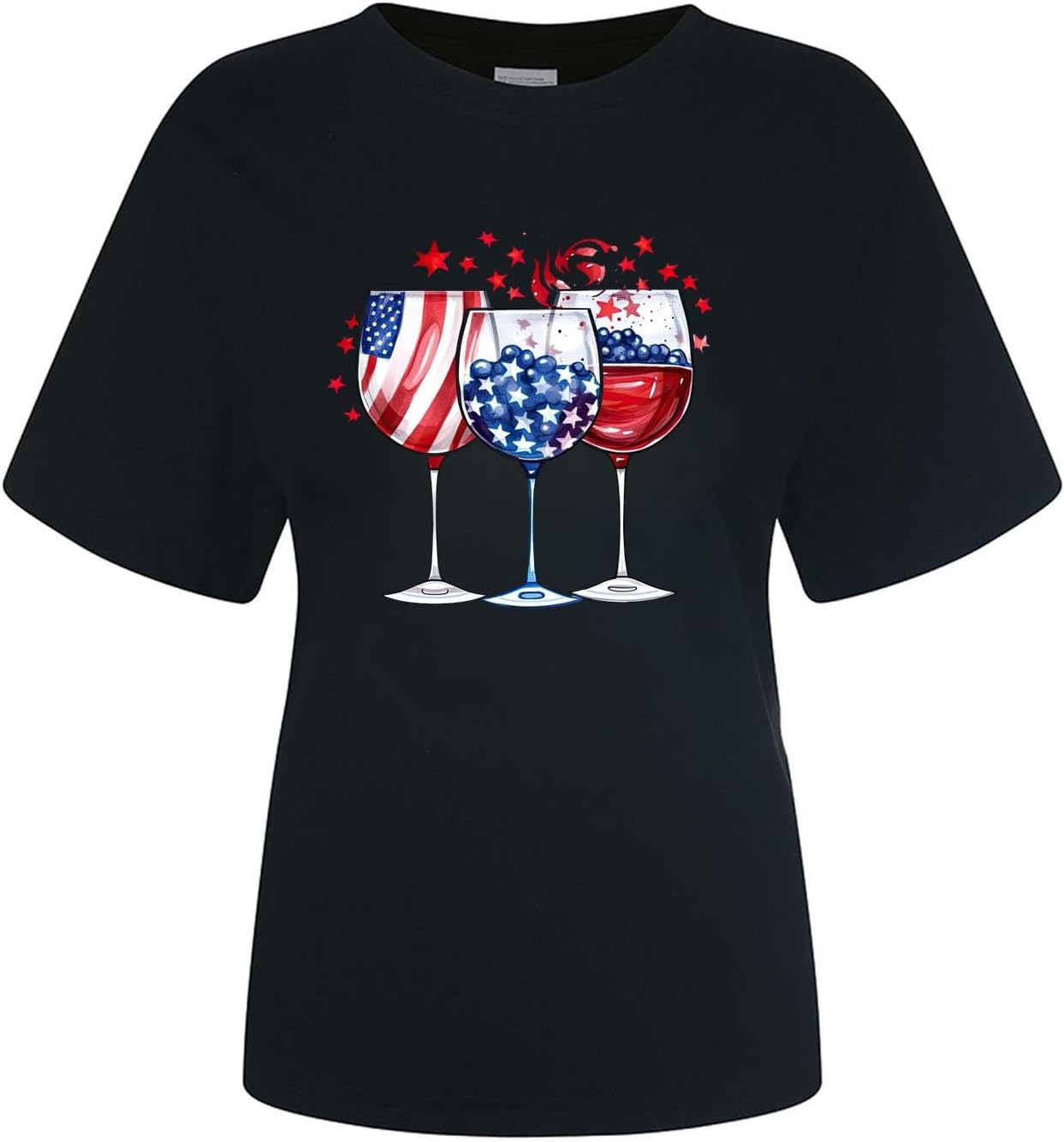 Women's 4th of July T Shirt USA Flag Wine Glasses Graphic Blouses Round Neck Short Sleeve Tee Tops Summer Clothes