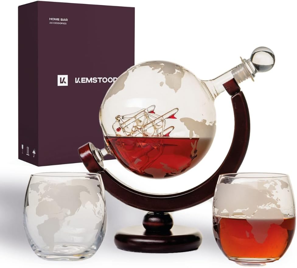 Kemstood Whiskey Decanter Sets for Men - Etched World Globe Design with Wood Stand & 2 Glass - Ideal for Dignified Drinking, Home Decor - Unique Whiskey Gifts for Men - 28 oz / 850 ml Capacity