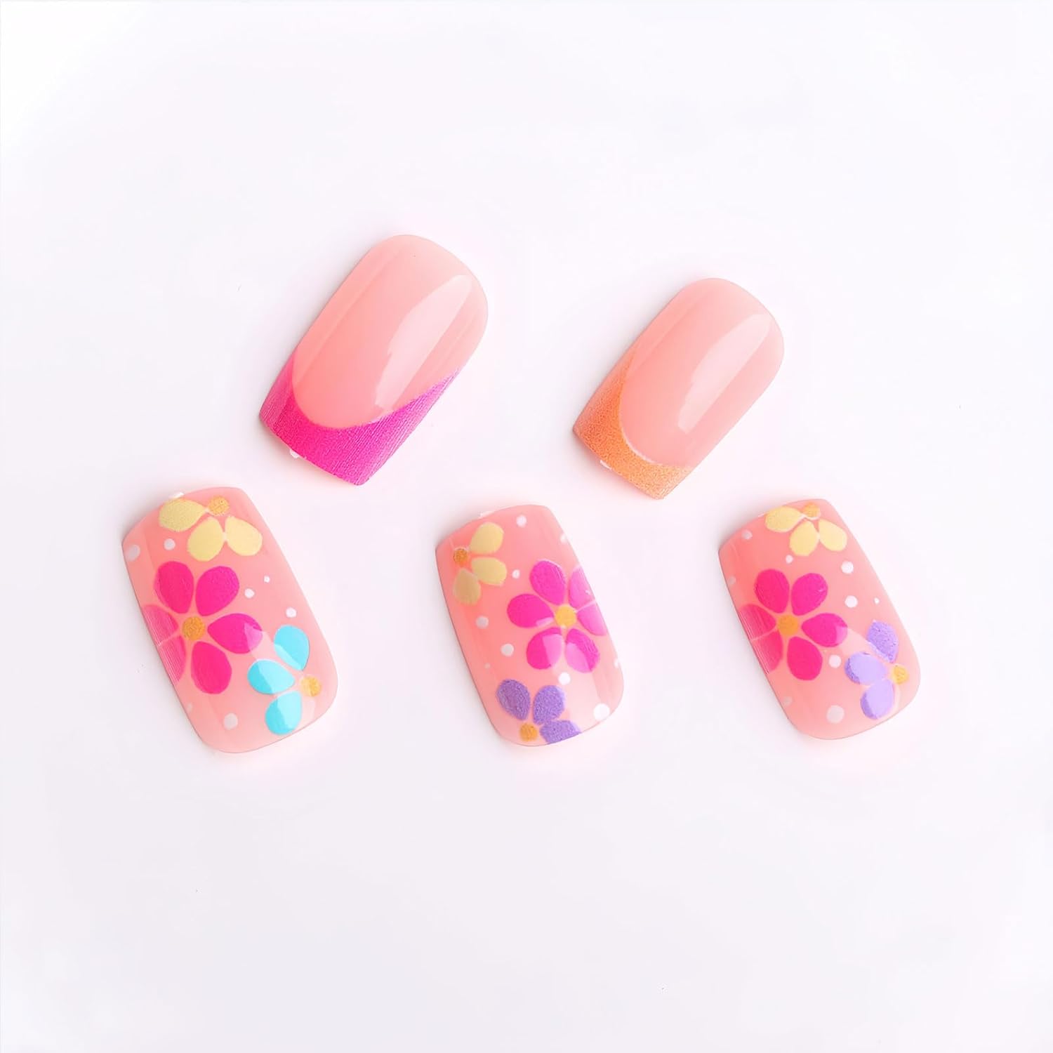 Flower Press on Nails Short Square Spring Summer Fake Nails, Colorful Flowers French Acrylic Nails Kits, Nude Glossy Gel False Nails Stick Glue on Nails Tip Manicure 24Pcs