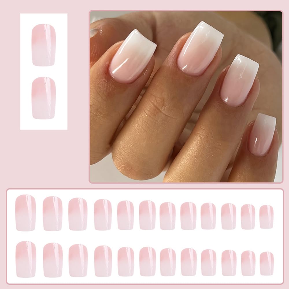 24 Pcs Pink Ombre Press on Nails Medium Square - YEFIUO Cute Fake Nails Press ons Spring Summer Nail Tip Full Cover False Nails with Glossy Design Glue on Nails Kit Acrylic Nail Art DIY for Women