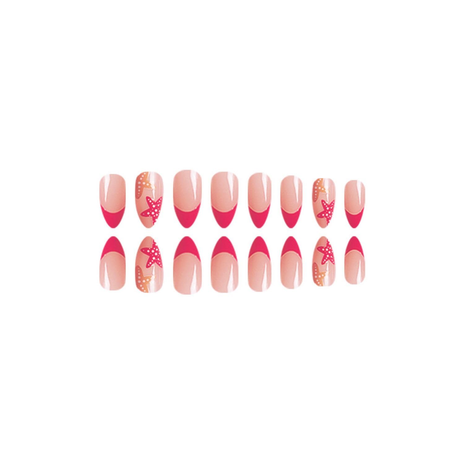 Summer Press on Nails Almond Fake Nails Colorful Glue on Nails with Design Glossy Acrylic Nails Full Cover Glossy Stick on Nails Artificial Nails for Women Girls (Pink French tip)