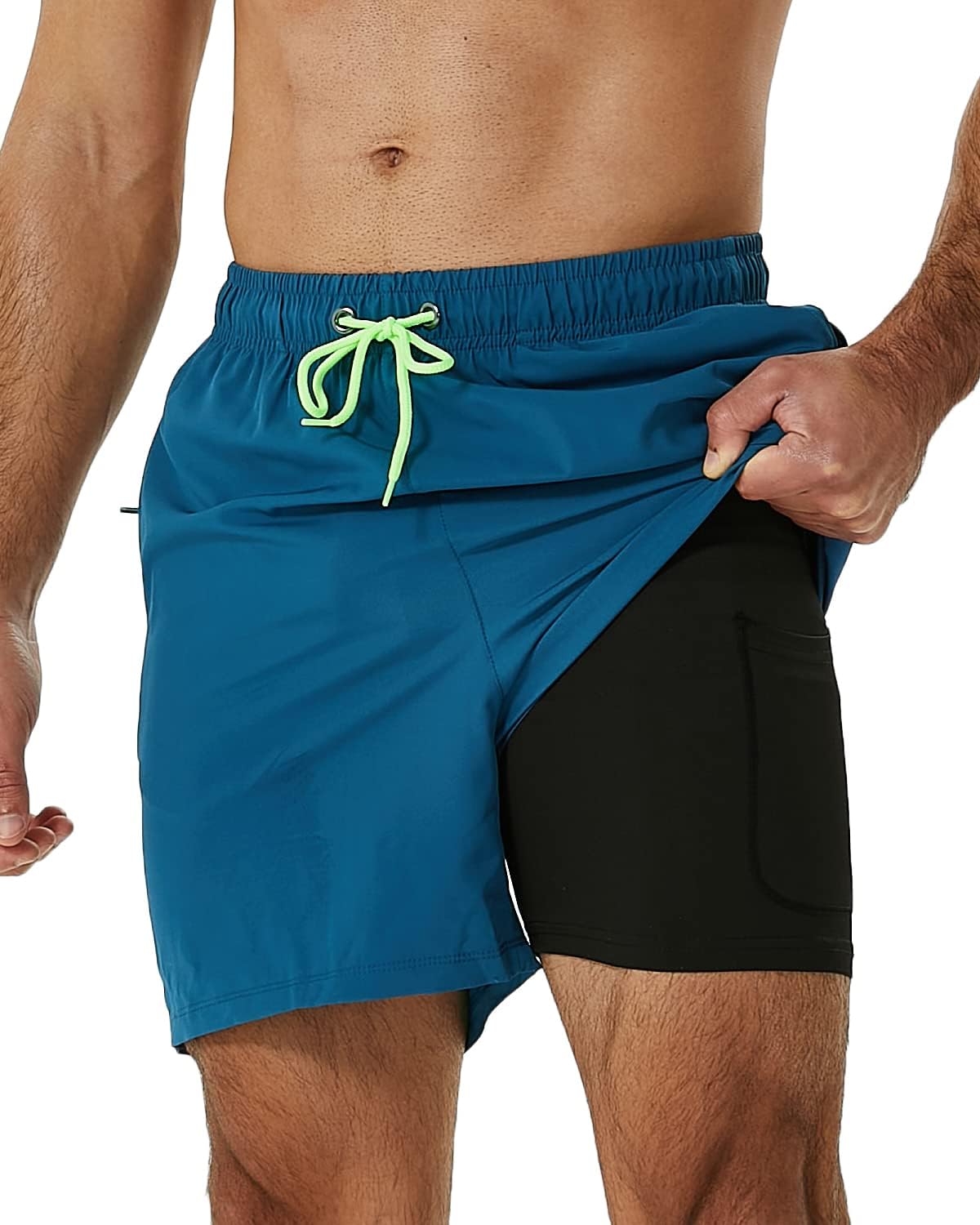 SILKWORLD Mens Swimming Trunks with Compression Liner 2 in 1 Quick-Dry Swim Shorts with Zipper Pockets