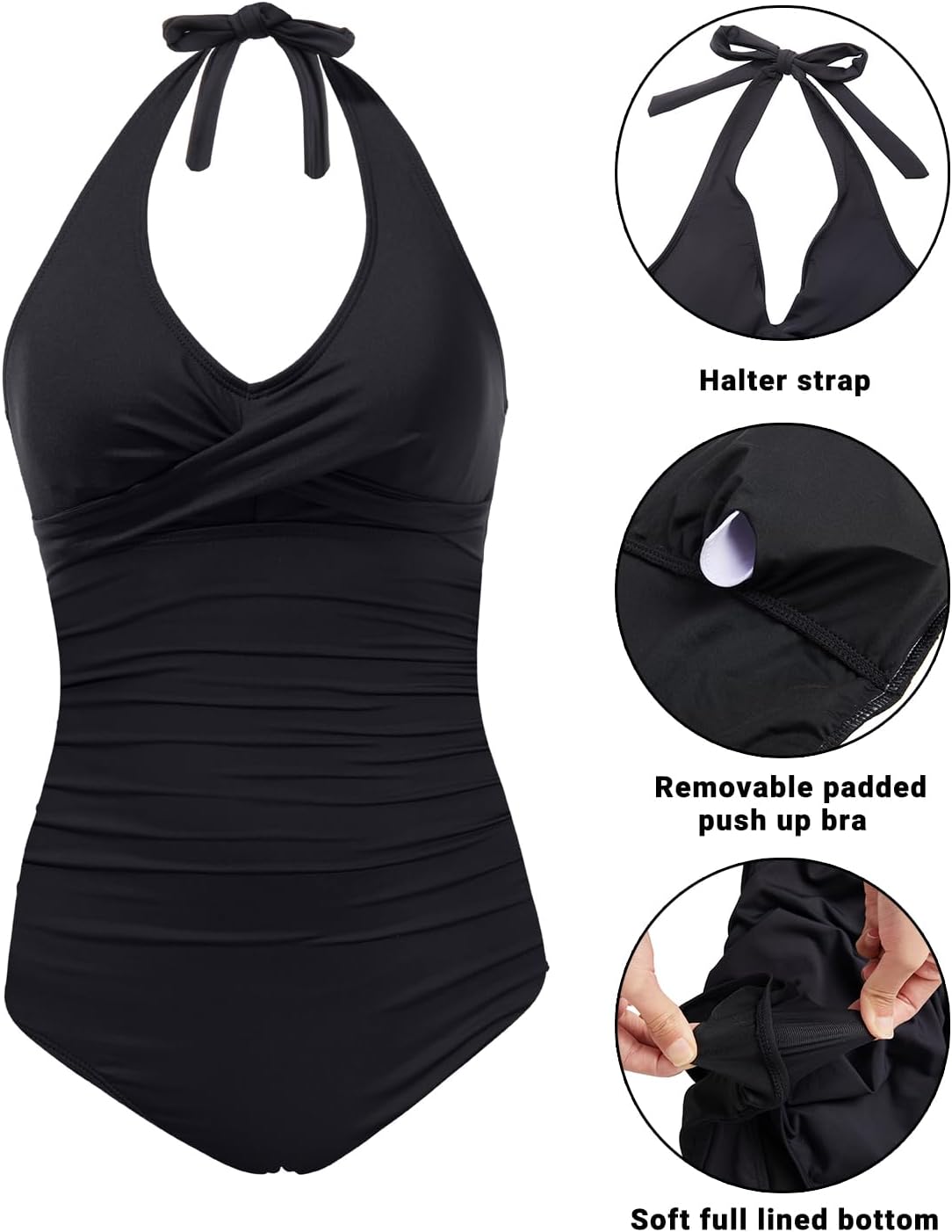 Holipick Women Halter One Piece Swimsuits Tummy Control Bathing Suit Slimming Push Up Swimwear V Neck