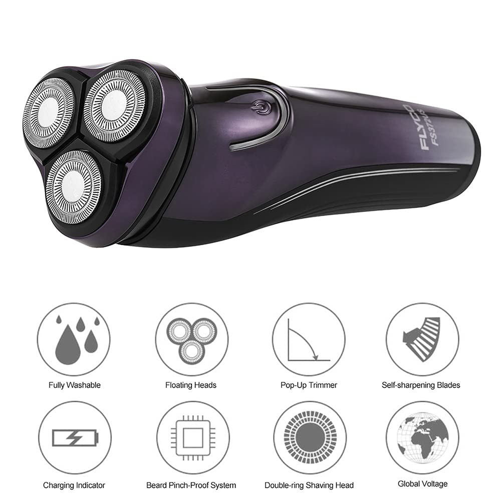 Electric Razor for Men, FLYCO Electric Shavers for Men Wet & Dry with Pop-up Trimmer, Waterproof Mens Razors for Shaving Electric Cordless Rechargeable Rotary Razors Purple