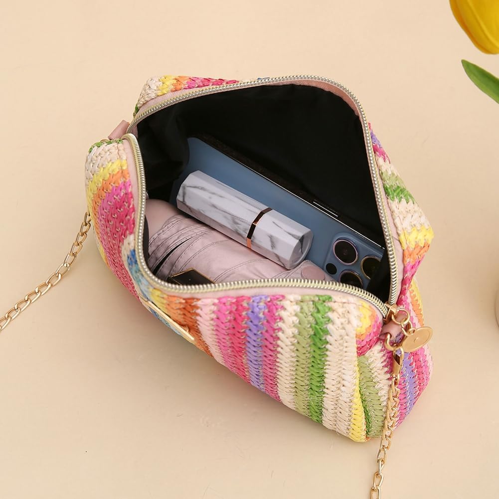 Women’s Straw Tote Bag Rainbow Striped Casual Beach Shoulder Bag Summer Vacation Straw Crossbody Bag Purse 2024