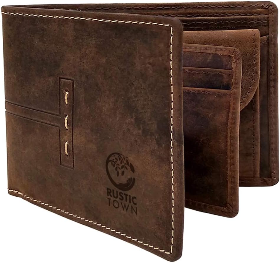 RUSTIC TOWN Full Grain Leather Wallet for Men | RFID Protecting | Handmade Vintage Bifold Travel Wallet | Slim Billfold with Credit Card Slots and Coin Pocket | Gift for Him