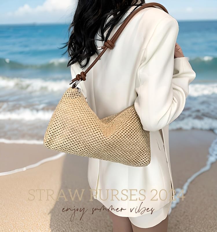 Straw Purse Beach Bag, Straw Purses for Women, Small Beach Tote Bag with Zipper, Cute Summer Crossbody Bags, Woven Handbags