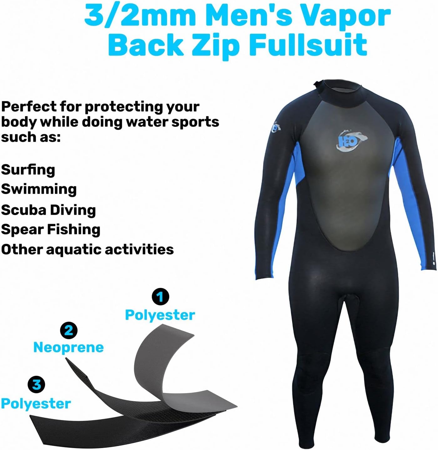 3/2mm Men's Vapor Back Zip Wetsuit for Men - Mens Long Sleeve Swimsuit for Surf Board and Deep Sea Diving