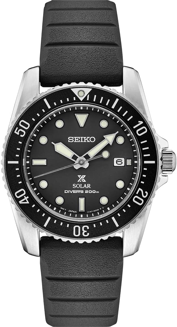 SEIKO SNE573 Watch for Men - Prospex Collection - Solar Powered, Stainless Steel Case with Black Silicone Strap, Black Dial, and 200m Water Resistant