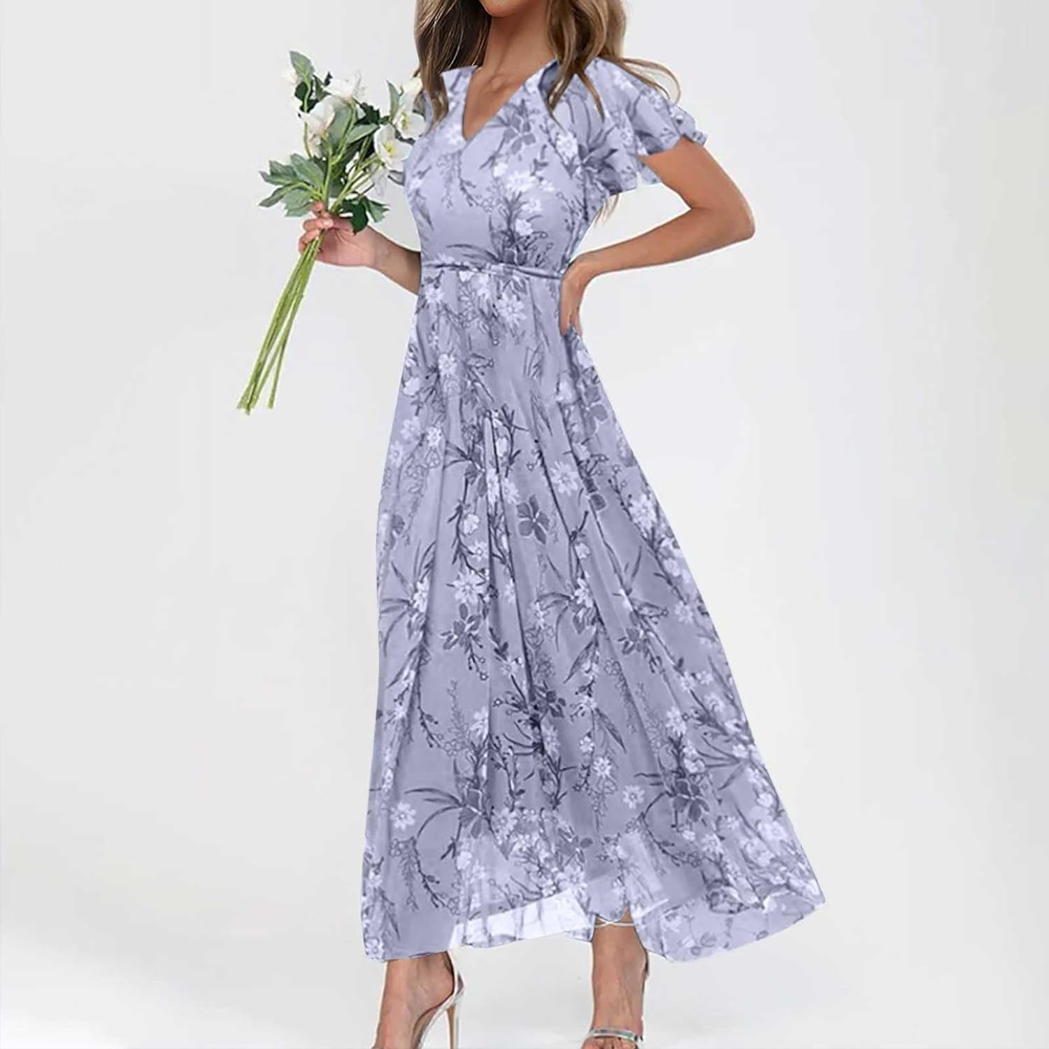 Beach Dresses for Women 2024 Vacation Floral Long Dress V Neck Puff Short Sleeve Ruffle Swing Dresses