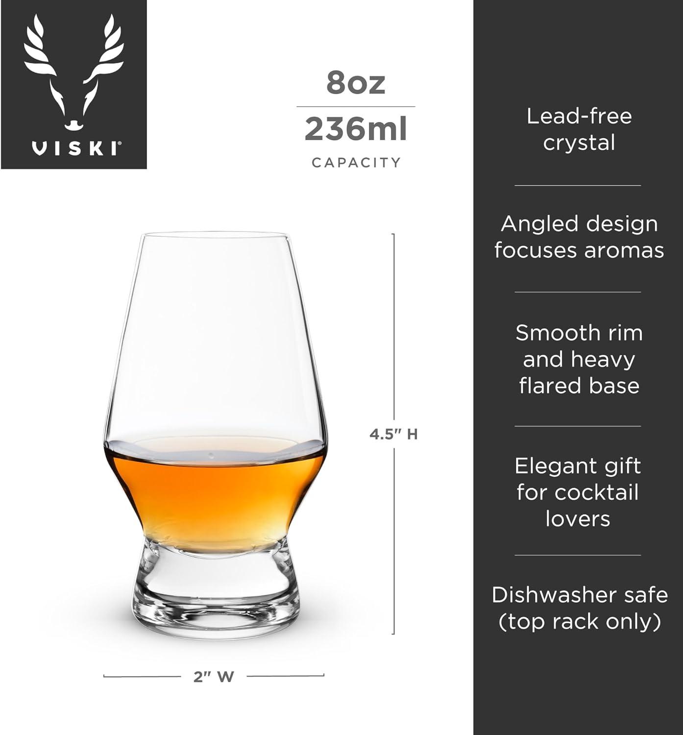 Viski Footed Crystal Scotch Glasses Set of 2 - Premium Liquor Drinking Glass, Classic Whiskey Bourbon Glasses and Scotch Glass Gift Set, 8 oz