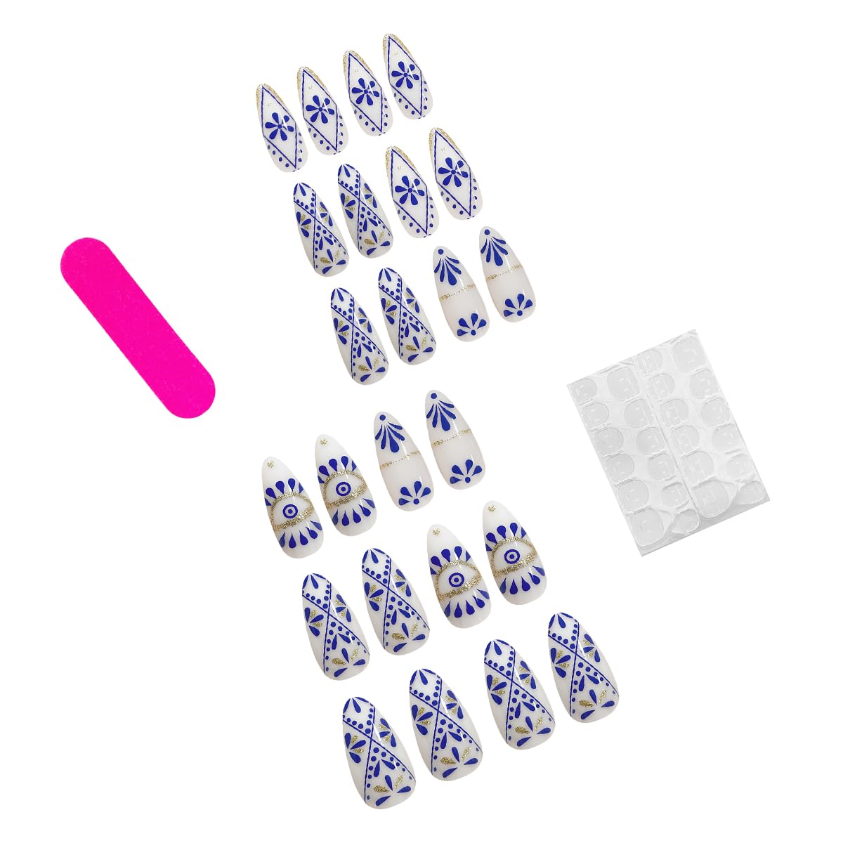 Almond Press on Nails Short Fake Nails Blue Flower Totem Pattern Almond Nails Press on Acrylic Full Cover Summer Glue on Nails Sweet Cool False Nails Stick on Nails for Women Gel Fake Nails Kit 24PCS