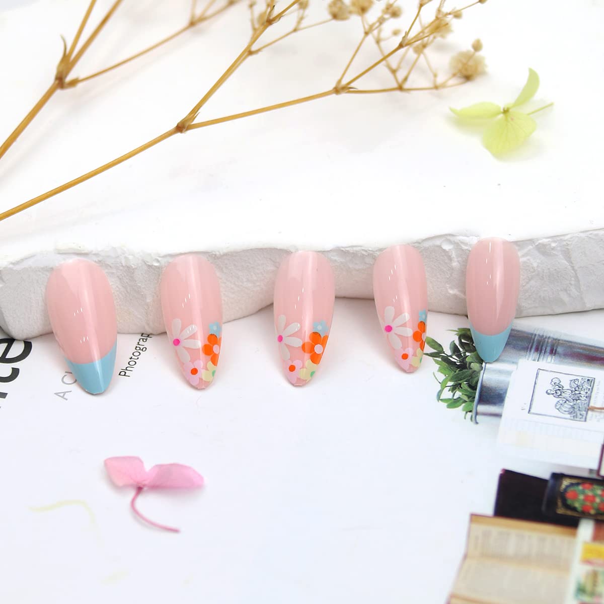 Flower Press on Nails Medium Almond Fake Nails Colorful Flower Blue Borders Designs Acrylic Artificial French Tip Press on Nails for Women Spring Summer Glue on Nails 24 Pcs