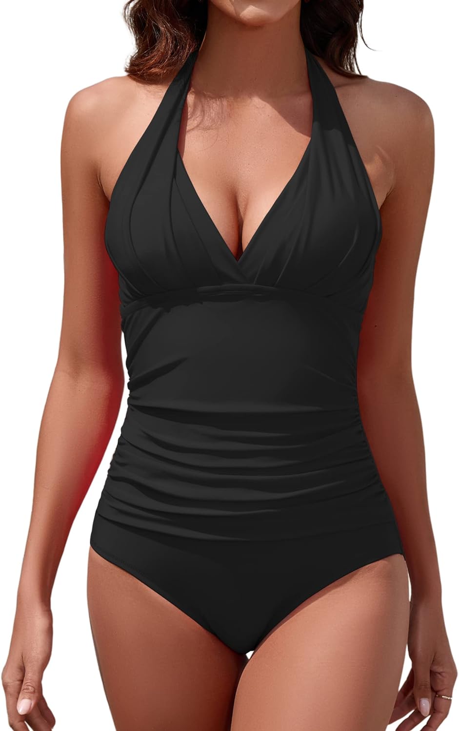 Women's One Piece Swimsuit with Adjustable Halter Ruched Tummy Control Bathing Suit for Women