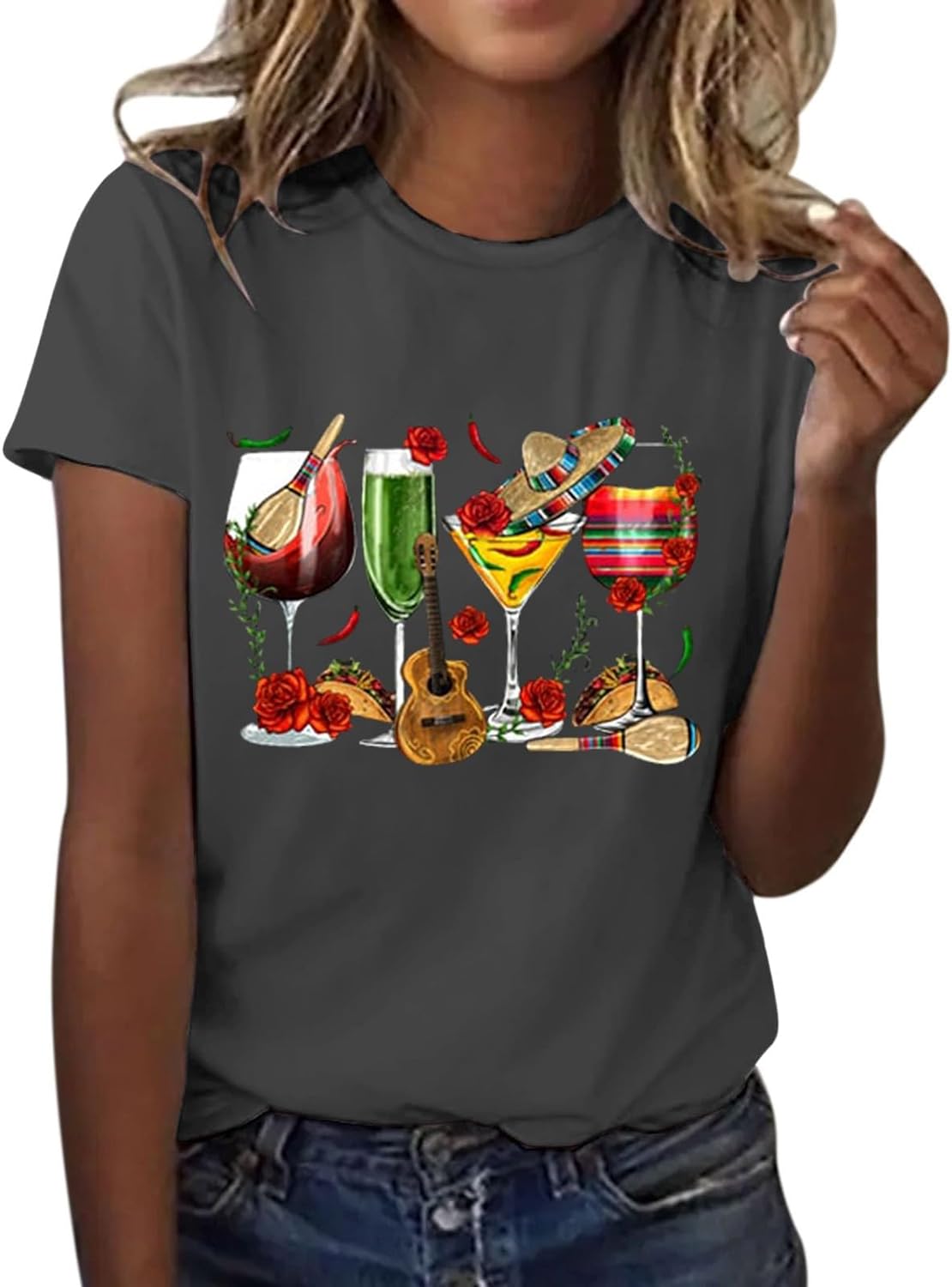 PKDong Graphic Tees for Women Cinco De Mayo Shirt Funny Women's Wine Glass Shirt Short Sleeve Tops Womens Graphic Tees Cinco De Mayo Shirts Plus Size Womens Summer Tops 2024 (A01 Dark Gray, Small)